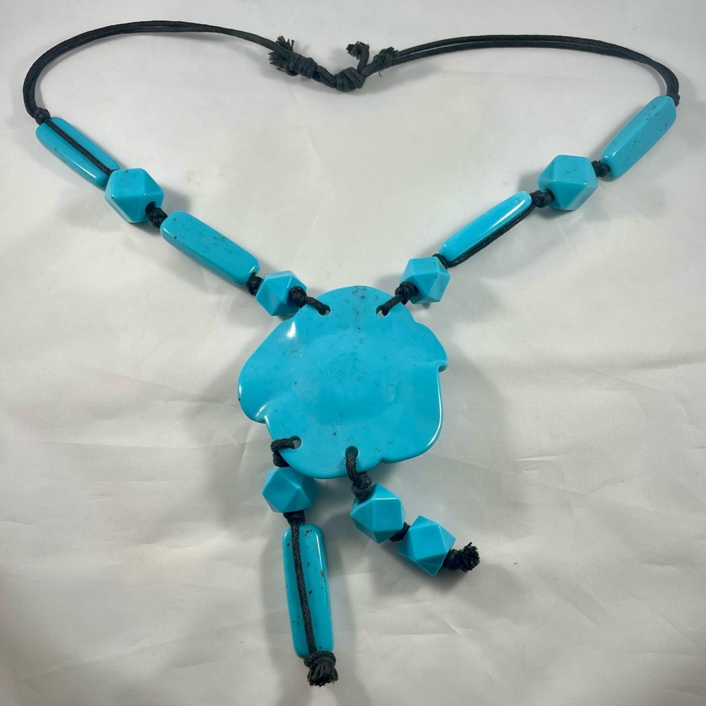 Turquoise Bakelite Statement Necklace On Black Co… - image 2